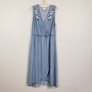 KNOX ROSE Chambray Floral Embroidered Maxi Dress Tulip Hem Sz L